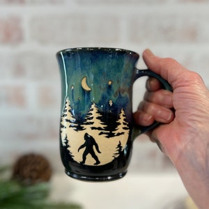 Bigfoot Evening Sky Mug, Sasquatch,  Camping Mug, Outdoors Mug, Hiking Mug, Handmade Stoneware Pottery Mug, Gifts for Him/Her