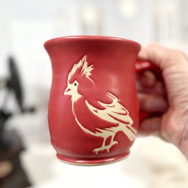 Red Cardinal Mug, Wheel Thrown Pottery Stoneware Cardinal Coffee or Tea Mug, Bird Lovers Gift