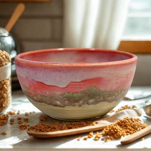 May include: A handmade ceramic bowl with a vibrant color gradient. The bowl transitions from a reddish-pink rim to a white and green midsection, and a light yellow base. Granola and wooden spoons are scattered around the bowl, suggesting a breakfast setting.