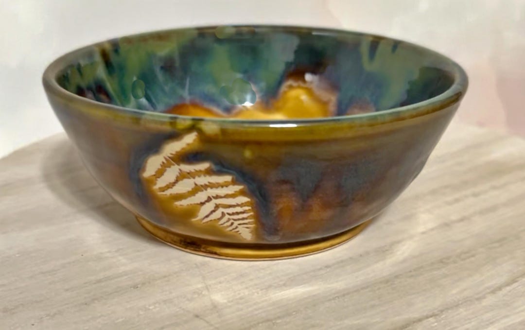 Small Brown & Green Wheel Thrown Stoneware Bowl With Fern Design - Etsy