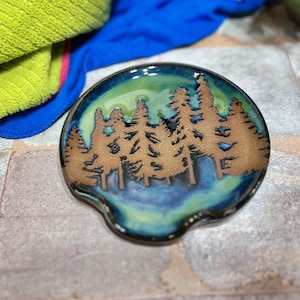 Handmade Stoneware Spoon Rest: Woodland Forest Design