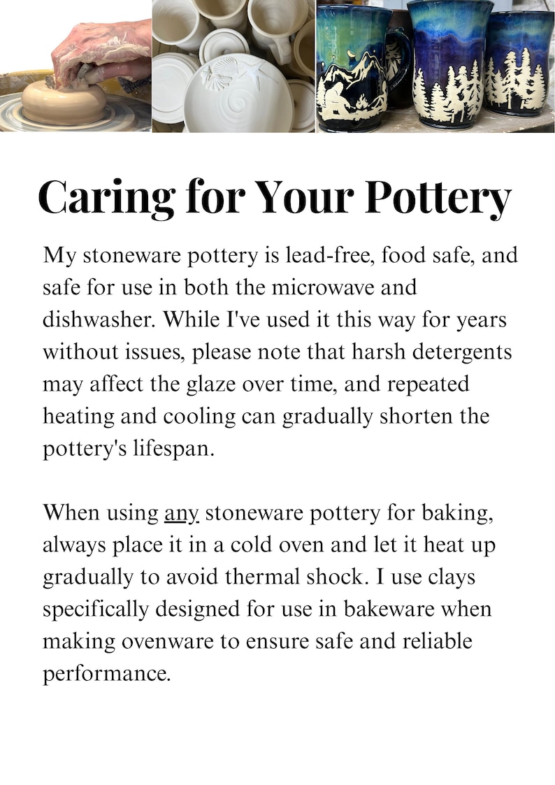 Puede incluir: La imagen presenta una selecci&oacute;n de art&iacute;culos de cer&aacute;mica, incluyendo tazas y vasos decorados. Se muestra el texto "Caring for Your Pottery". El texto proporciona instrucciones para el cuidado de la cer&aacute;mica de gres, destacando su seguridad en microondas y lavavajillas.