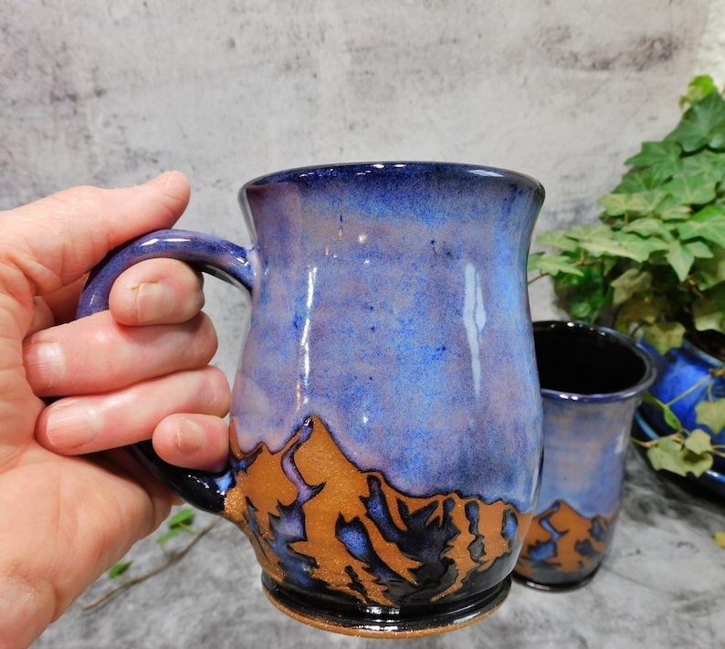 Purple Mountain Coffee Mug, Nature Mug, Majestic Mountain Mug, Hiking Mug, Handmade Stoneware Pottery Mug, Gift for Him/Her 12 Fluid ounces