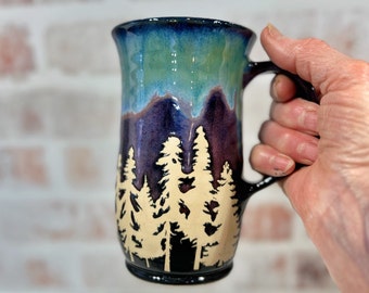 White Pine Tree Northern Lights Mug, Nature Mug, Wheel Thrown Stoneware Pottery Mug