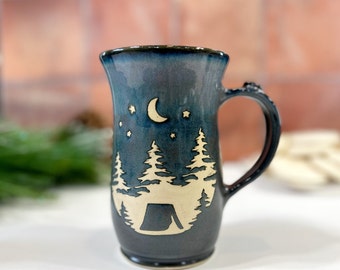 Camping Mug, Nature Mug, Woodland Mug, Wildlife Mug, Tent Mug, Stoneware Pottery Mug, Gift for Him/Her