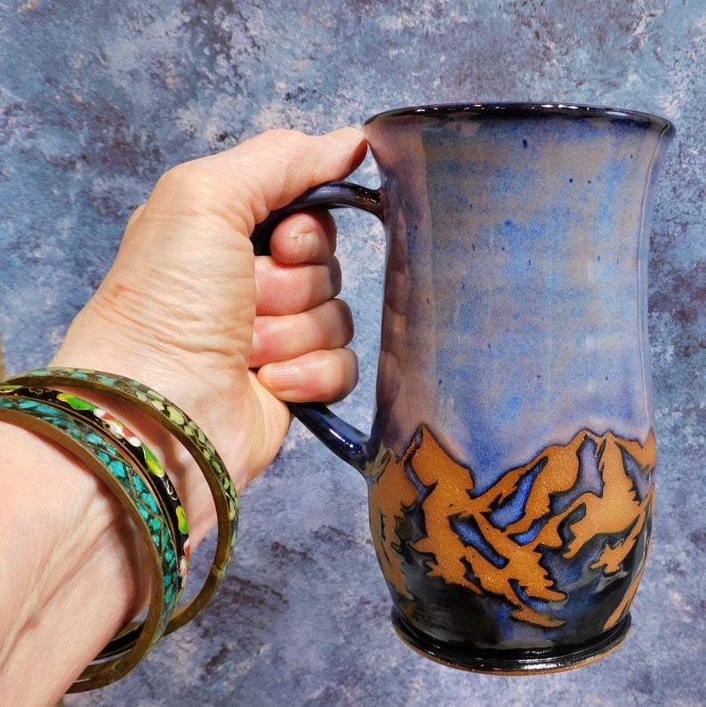 Purple Mountain Coffee Mug, Nature Mug, Majestic Mountain Mug, Hiking Mug, Handmade Stoneware Pottery Mug, Gift for Him/Her 18 Fluid ounces