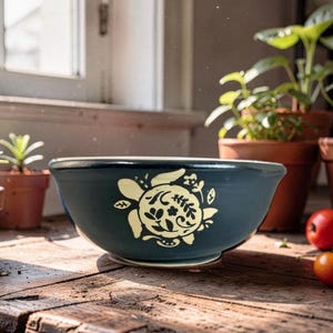 Handmade Turtle Motif Stoneware Bowl | Folk Art Wheel Thrown Pottery