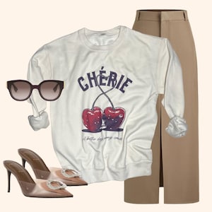 Cherie Sweatshirt | French Graphic Sweatshirt | Heart Cherry Pullover | Encouraging Quote Sweater | Parisian Chic Style