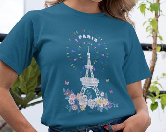Eiffel Tower with Lavender Flowers,Paris T-Shirt,Parisian style,Paris Street,Travel clothing Shirt,Women Graphic Tees,Eiffel Tower Shirt.