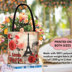 Paris floral Tote Bag, Stylish Grocery Tote, Cute Gift for Her, Picnic Bag, I Love Paris Design, both sides printed, I love Paris handbag