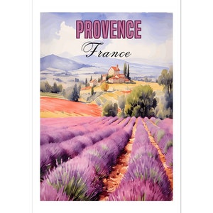 Pegatina de paisaje de acuarela Serene Provence, Francia, campos de lavanda, arte para decoración del hogar, calidad superior, pegatinas recortadas/decoración artística/arte de pared