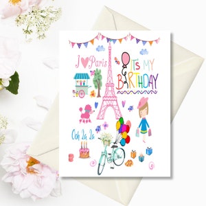 C'est mon anniversaire, Tour Eiffel avec fille et vélo et ballons, Carte pliée, Carte de voeux, simple face, couverture en soie 120 #, anniversaire 4,25 "x5,5".