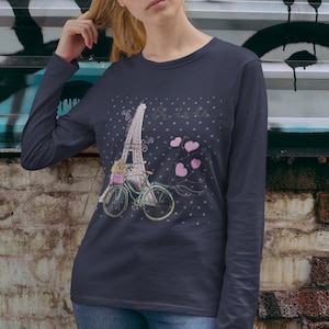Torre Eiffel y bicicleta, Oh la la I love Paris, camisa de París, camisa francesa, camiseta de manga larga unisex de estilo suave para mujer de moda