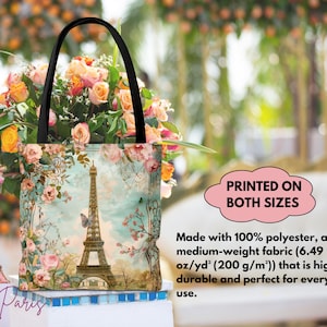 Eiffel Tower Floral Tote Bag, Parisian Style Bag for Travelers, Eco-Friendly Shopping Tote, Vintage Floral Design, Gift for Her, France gift