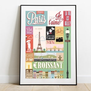 Premium Matte vertical posters retro poster with Paris symbols and landmarks, wall art, home decor.