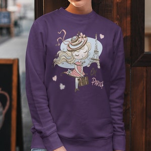 Schattig meisje met hoed en koffer op reis naar Parijs, Eiffeltoren, ik hou van Parijs, liefhebbers van Frankrijk, unisex heavy blend sweatshirt met ronde hals