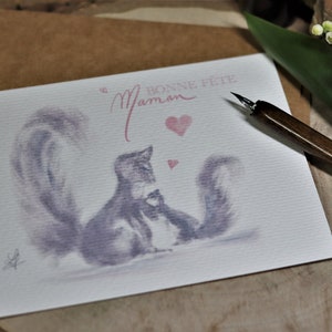 CARTÃO ILUSTRADO Feliz Dia das Mães - Esquilos - 10X15 A6 Presente de Dia das Mães - Imprimir arte Papel aquarela - Cartão de desenho infantil