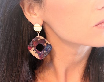 Hanging earrings LOSANGES in Polymer Clay and Golden Brass Purple Gold Glitter - Gift Woman - CHRISTMAS - Adornment - Trend 2022