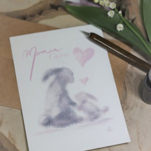 CARTE Postale MAMAN - LAPINS - 10X15 A6 - Cadeau Fête des Mères Anniversaire Maman- Print art Watercolorpaper - Carte illustrée dessin