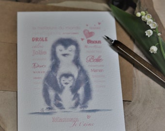 CARTE Postale ILLUSTREE- PINGOUINS - 10X15 A6 - Cadeau Fête des Mères Anniversaire Maman- Print art Watercolorpaper - Carte illustrée dessin