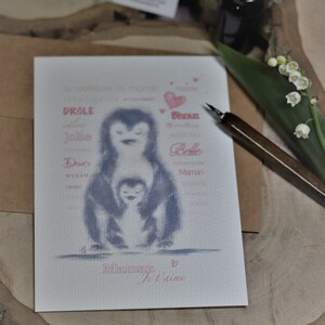 CARTE Postale ILLUSTREE- PINGOUINS - 10X15 A6 - Cadeau Fête des Mères Anniversaire Maman- Print art Watercolorpaper - Carte illustrée dessin