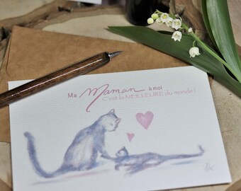 MAMAN CARTE Postale CHATS - 10X15 A6 - Cadeau Fête des Mères Anniversaire Maman- Print art Watercolorpaper - Carte illustrée dessin