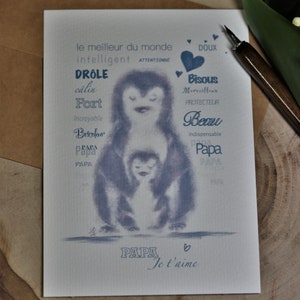 CARTE Postale ILLUSTREE- PINGOUINS - 10X15 A6 - Cadeau Fête des Pères Anniversaire Papa- Print art Watercolorpaper - Carte illustrée dessin