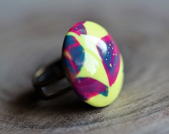 Big Round and Colorful Ring JAUNE Polymer Clay Lemon CABOCHON MulticoloreD Jewel Jewelry Modern Woman Color Trend 2021