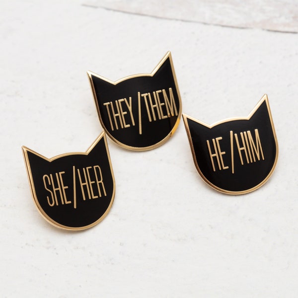 Cat Person Pronoun Enamel Pins - Gold Metal