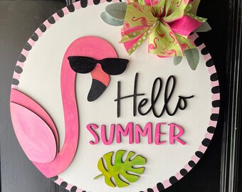 Front Door Decor, Flamingo Door Hanger, Hello Summer, Flamingo Gifts, Flamingo Sign, Summer Door Hanger