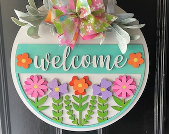 Spring Welcome Door Hanger | Pastel Floral Door Sign with Bow | Front Door Decor | Farmhouse Spring Decor | Gift for New Home