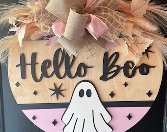 Halloween Wreath, Halloween Door Sign, Pink Halloween Decor, Ghost, Pink Ghost Decor, Pink Door Sign, Halloween Ghost, Hello Boo