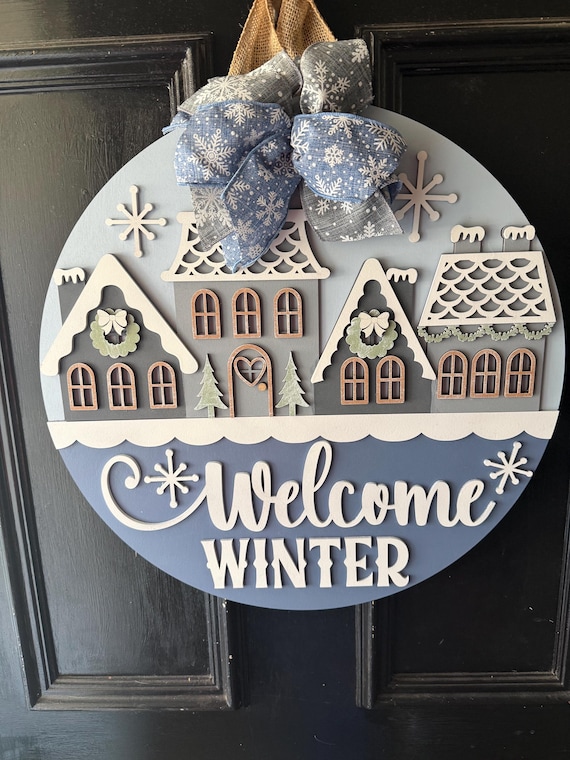 Winter Village Door Hanger | Welcome Winter Sign | Snowy Cottage Front Door Decor | Farmhouse Winter Door Sign | Wooden Seasonal Decor