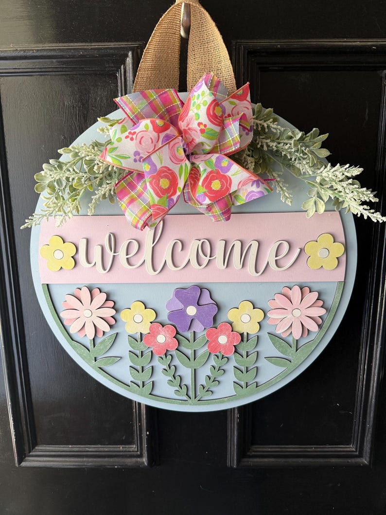 Spring Welcome Door Hanger | Pastel Floral Door Sign With Bow | Front ...