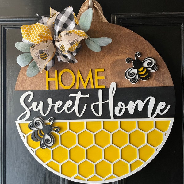 Front Door Decor, Home Sweet Home with Bees, Door Hanger, Bee Lover Gift, Housewarming Gift