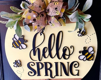 Spring Door Hanger, Hello Spring with Bees, Bee Lover Gift