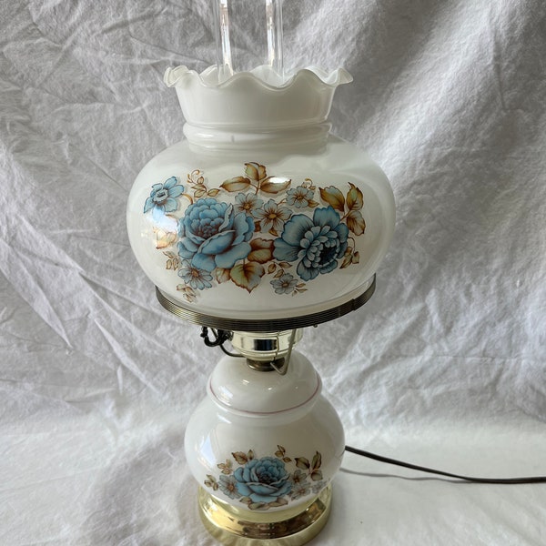 Vintage Hurricane "Gone With The Wind" Milk Glass Lamp Blue Floral