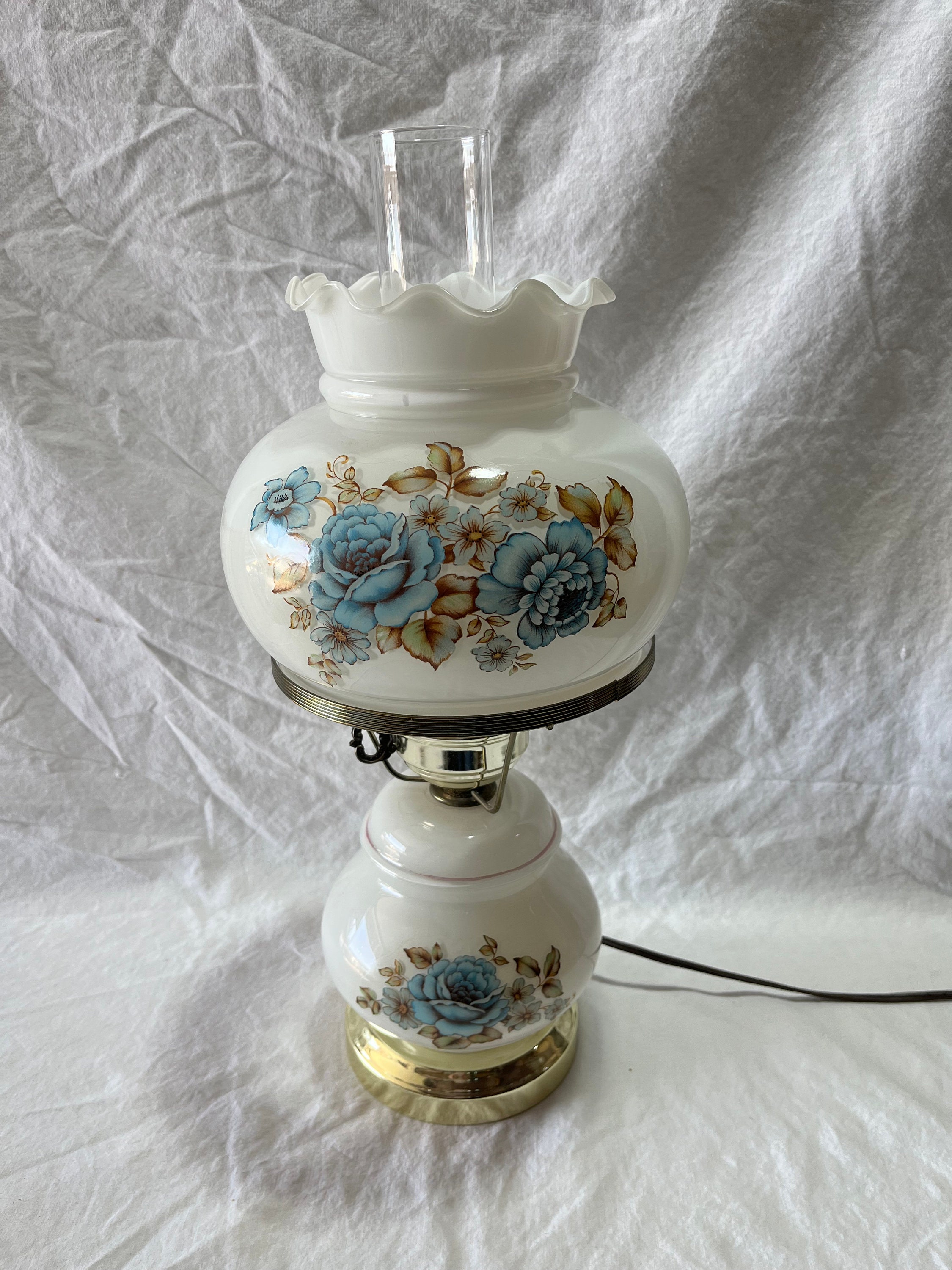 White milk glass lamp with blue flowers deals