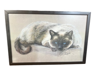 Vintage Framed Original Charcoal Drawing - Siamese Cat - Signed by Artist - 1990