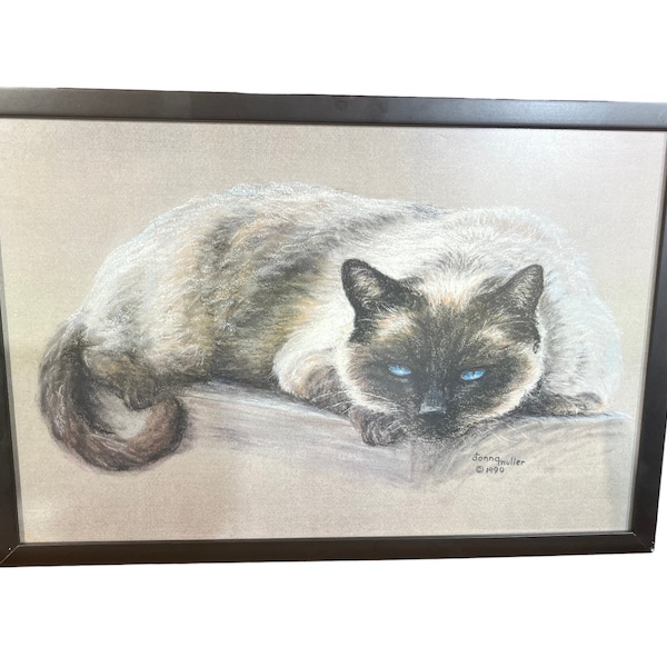 Vintage Framed Original Charcoal Drawing - Siamese Cat - Signed by Artist - 1990