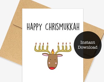 Downloadable Chrismukkah Card, Printable Holiday Design, Funny Christmas Cards, Hanukkah Gifts, Menorah Card, Jewish Holidays