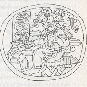 Peut inclure: Un dessin au trait noir et blanc d'une figure assise avec une coiffe et un grand objet rond et orn&eacute; en arri&egrave;re-plan. La figure tient un petit objet rond dans sa main.