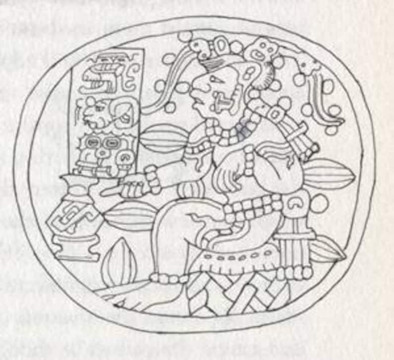 Peut inclure: Un dessin au trait noir et blanc d'une figure assise avec une coiffe et un grand objet rond et orn&eacute; en arri&egrave;re-plan. La figure tient un petit objet rond dans sa main.