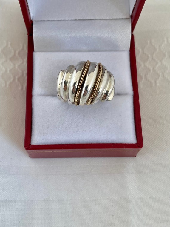 14K Gold Ribbed Dome 925 Sterling Silver Ring - image 2