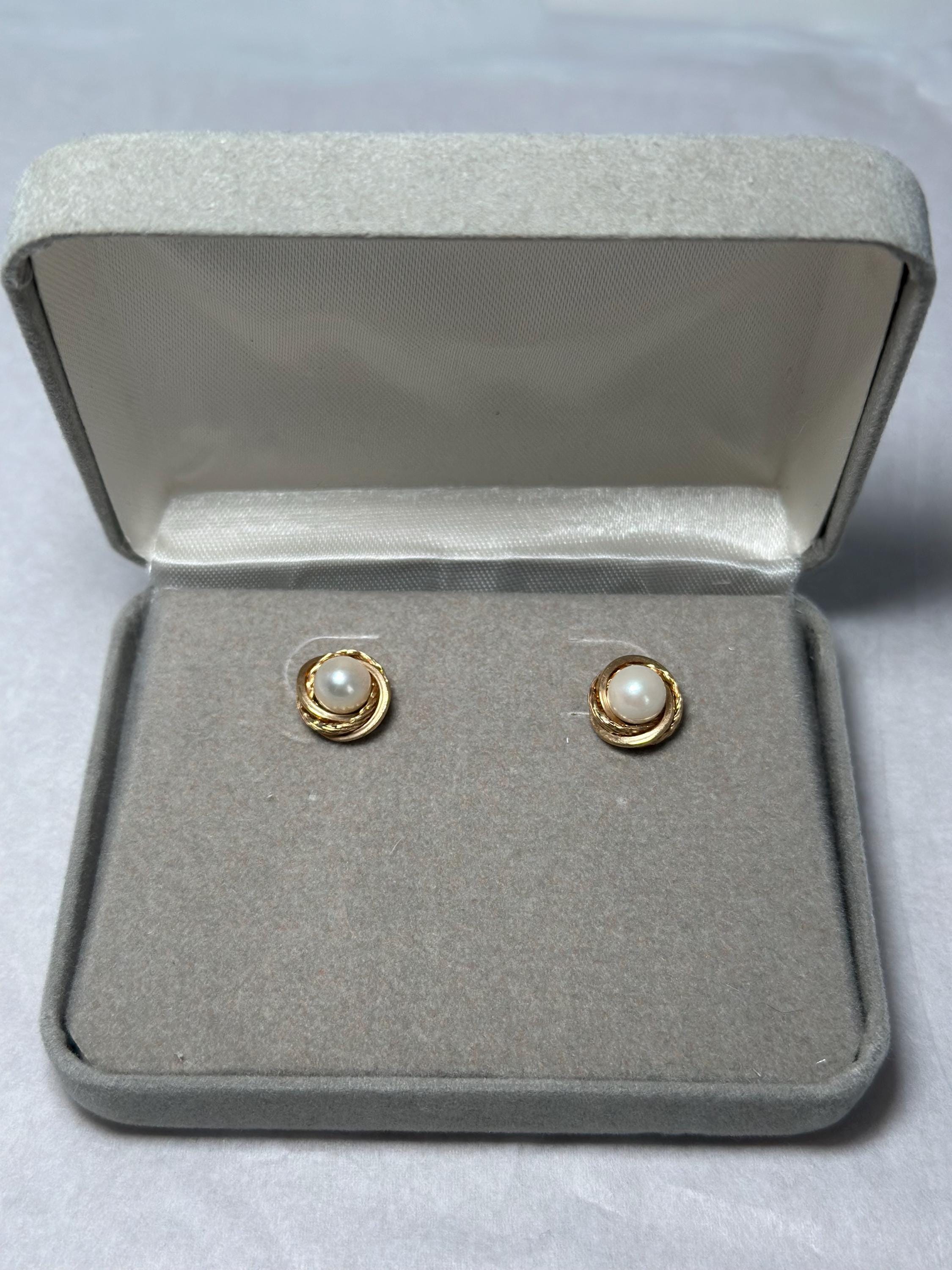 14K Solid Gold Cultured Pearl Love Knot Post Back Earrings