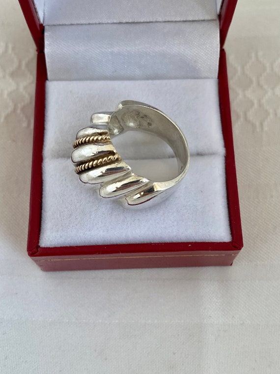 14K Gold Ribbed Dome 925 Sterling Silver Ring - image 7