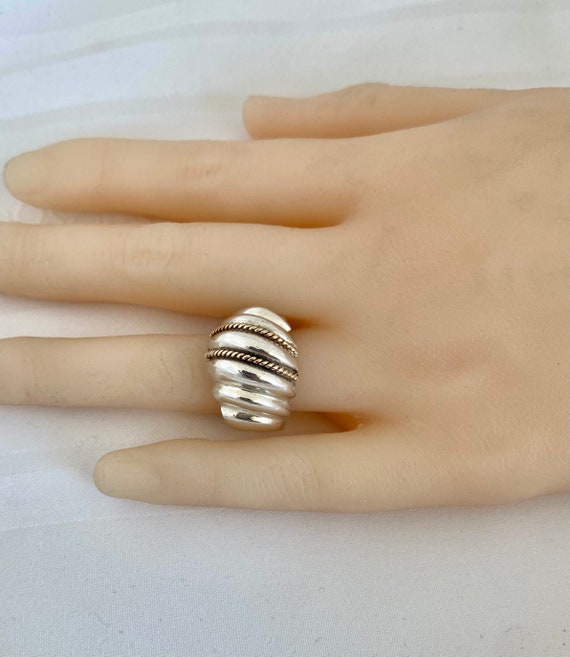 14K Gold Ribbed Dome 925 Sterling Silver Ring - image 1