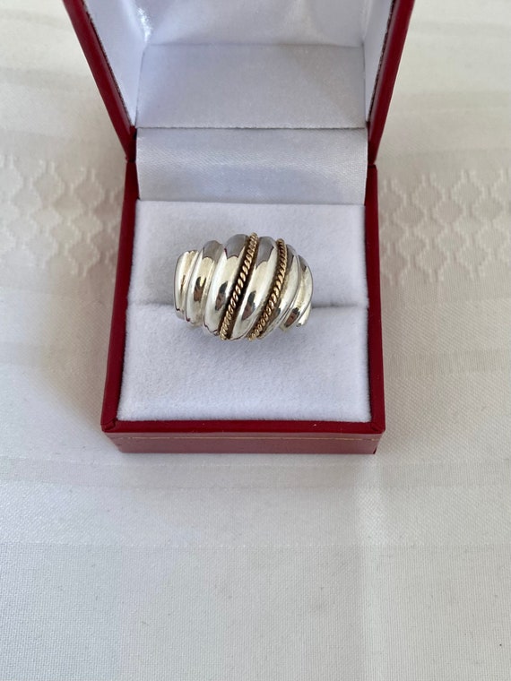 14K Gold Ribbed Dome 925 Sterling Silver Ring - image 3