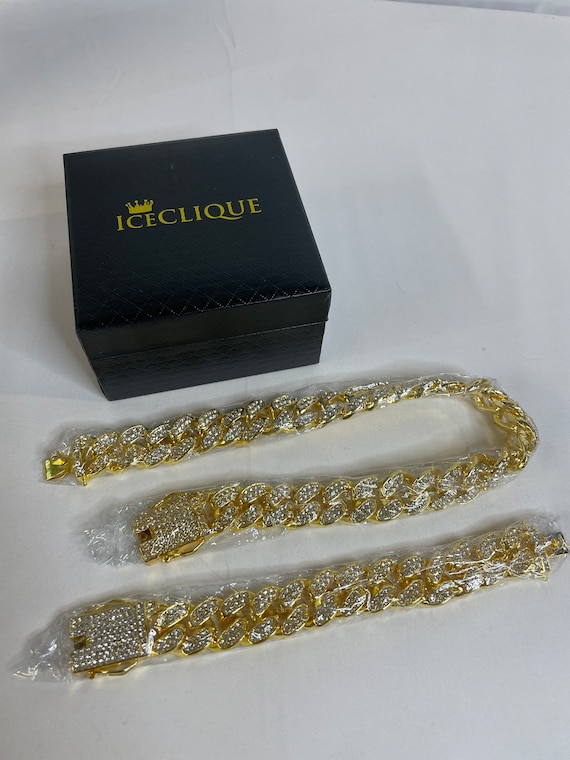 Ice Clique Cuban Gold Platted Chain Necklace and … - image 1