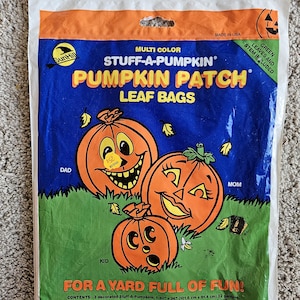 May include: A package of SunHill Stuff-A-Pumpkin leaf bags featuring three orange pumpkin illustrations labeled Dad, Mom, and Kid on a blue and green background. The text reads Pumpkin Patch Leaf Bags, For a Yard Full of Fun, and lists contents including 36" x 30" and 40" x 36" sizes.